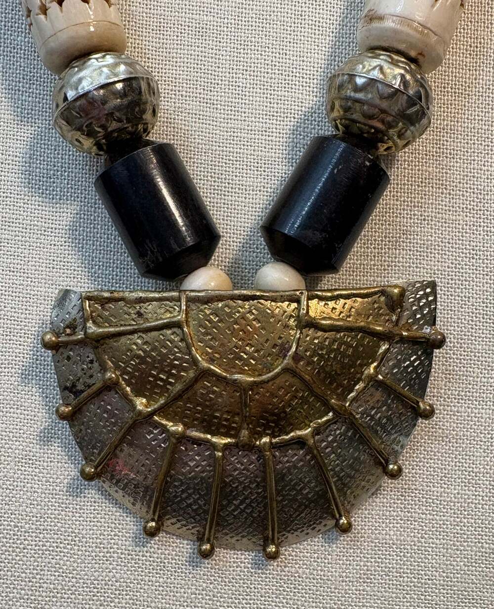 Vintage Carved Bone Ethnic Statement Necklace 24” with Brass Pendant